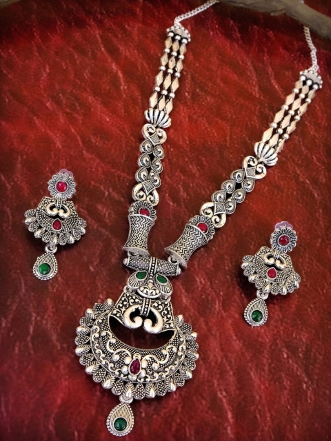 

Crunchy Fashion Oxidised Silver-Plated Stone-Studded Traditional Multi-Layer Jewellery Set