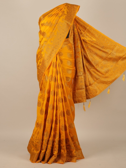 

Pothys Yellow & Gold-Toned Ethnic Motifs Beads and Stones Jute Silk Saree