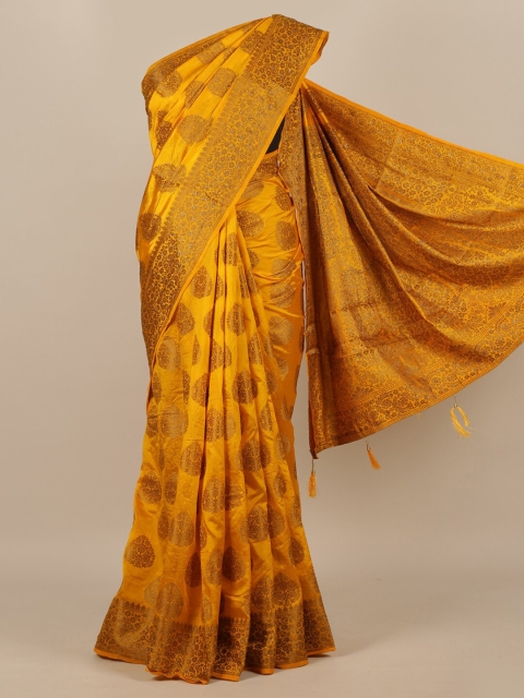 

Pothys Yellow Ethnic Motifs Sequinned Jute Silk Banarasi Saree