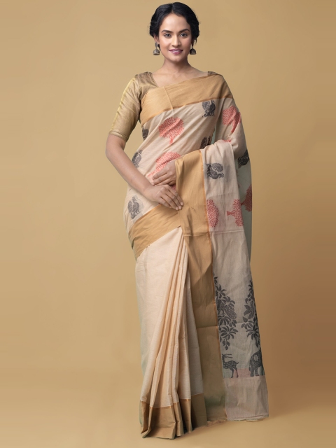 

Unnati Silks Beige Ethnic Motifs Pure Cotton Uppada Saree