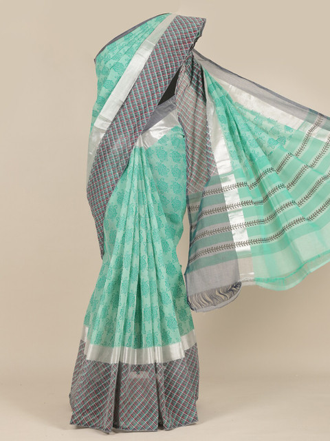 

Pothys Sea Green & Grey Ethnic Motifs Zari Pure Cotton Saree