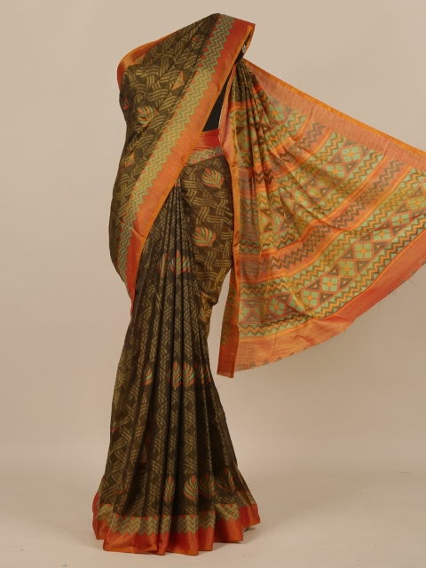 

Pothys Charcoal Grey & Orange Zari Jute Silk Saree