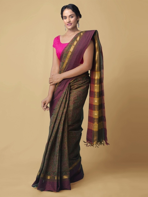 

Unnati Silks Green Floral Block Printed Pure Cotton Mangalagiri Saree