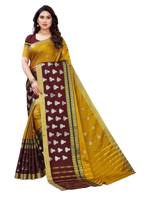 

KALINI Yellow & Maroon Ethnic Motifs Zari Art Silk Saree