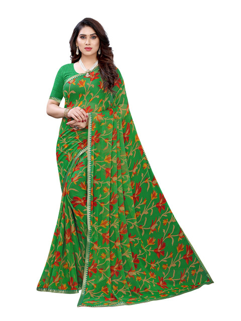 

KALINI Green & Red Floral Pure Chiffon Saree