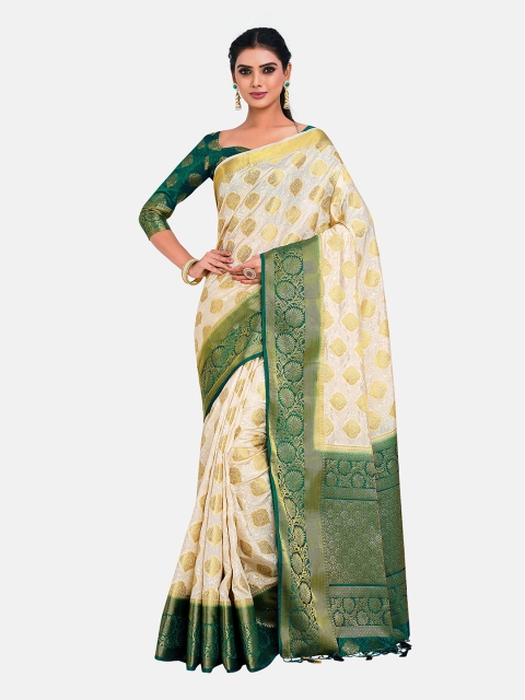 

MIMOSA Off White & Green Woven Design Zari Art Silk Kanjeevaram Saree