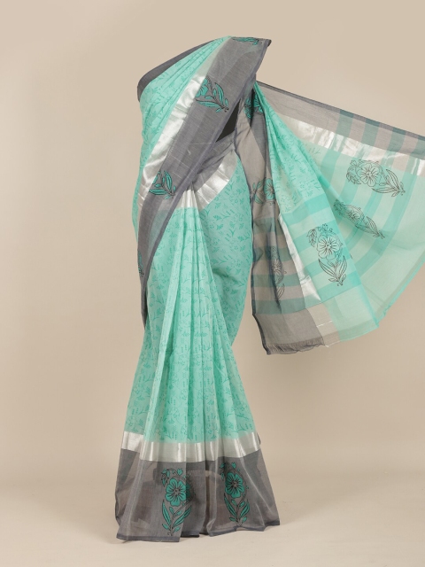

Pothys Sea Green & Grey Floral Embroidered Pure Cotton Saree