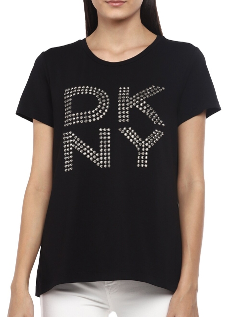 

DKNY Women Black Typography Printed Pure Cotton T-shirt