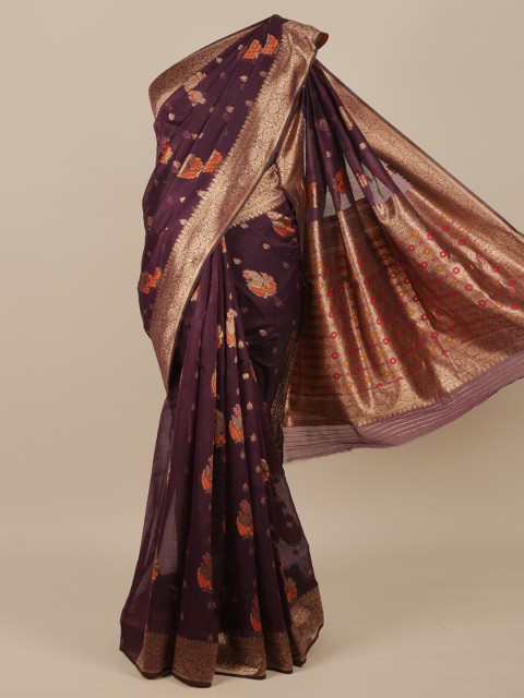 

Pothys Purple & Orange Floral Zari Jute Silk Saree