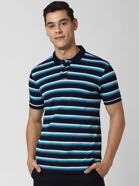 

Peter England Casuals Men Navy Blue Striped Polo Collar Slim Fit Pure Cotton T-shirt