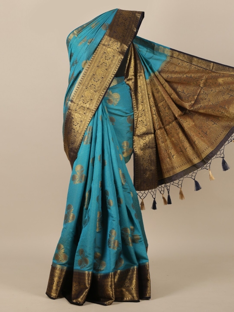 

Pothys Blue & Gold-Toned Floral Zari Jute Silk Saree