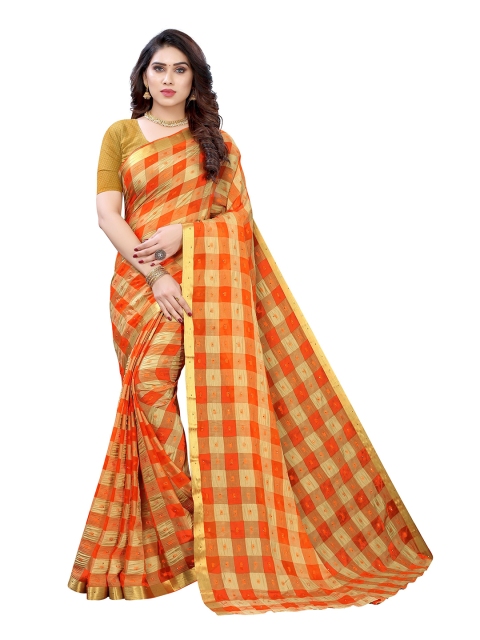 

KALINI Orange & Gold-Toned Checked Pure Chiffon Saree