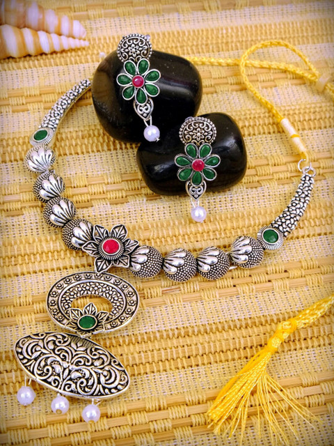 

Crunchy Fashion Silver-Plated Green & Pink Floral Design Antique Jewellery Set
