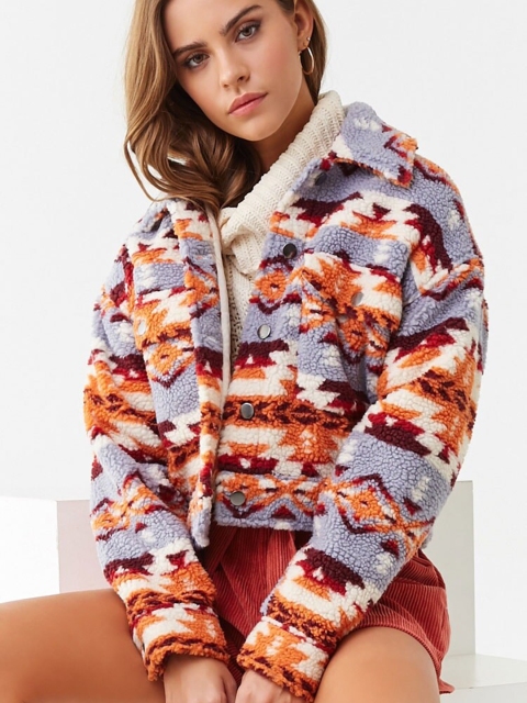 

FOREVER 21 Women Cream & Blue Camouflage Crop Tailored Jacket