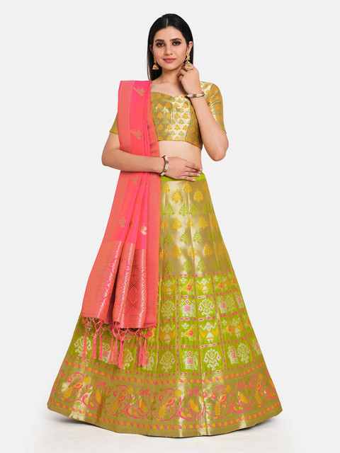 

MIMOSA Women Gold-Toned & Pink Semi-Stitched Lehenga & Unstitched Blouse With Dupatta