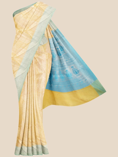 

Kalamandir Yellow & Blue Woven Design Zari Chanderi Saree