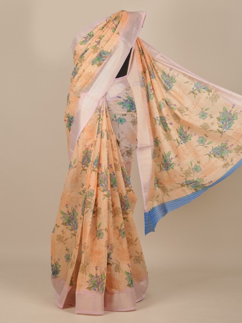 

Pothys Peach & Blue Floral Cotton Blend Saree