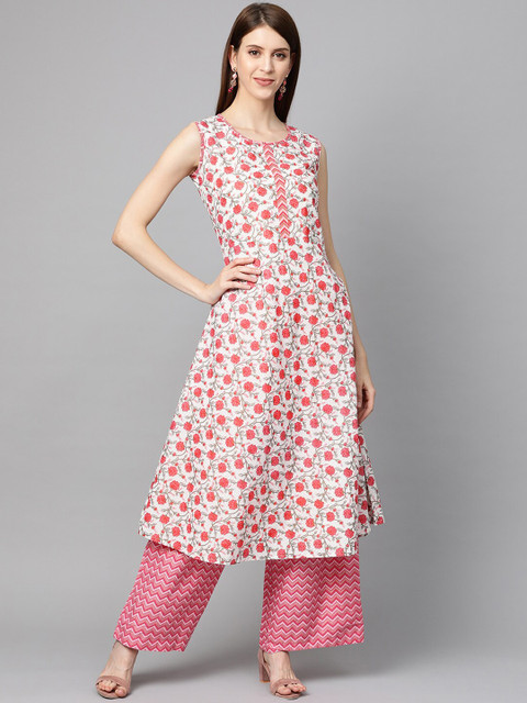 

mokshi Women Pink Floral Printed Pure Cotton Kurta with Palazzos