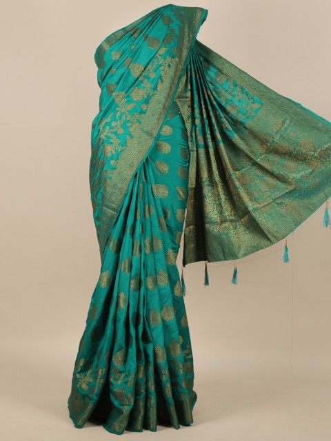 

Pothys Green & Gold-Toned Woven Design Jute Silk Saree