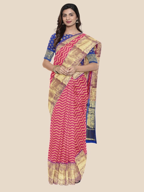 

Kalamandir Pink & Blue Zari Silk Blend Banarasi Saree