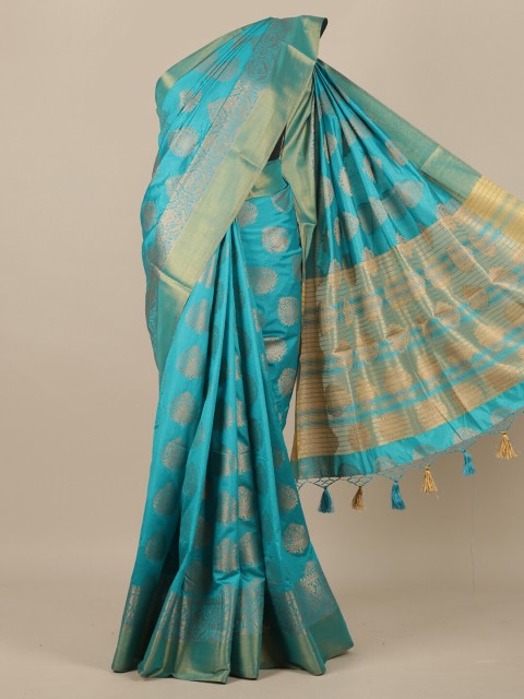 

Pothys Turquoise Blue & Gold-Toned Woven Design Zari Jute Silk Saree