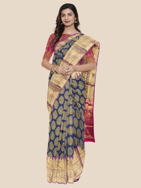 

Kalamandir Navy Blue & Pink Ethnic Motifs Zari Silk Blend Banarasi Saree