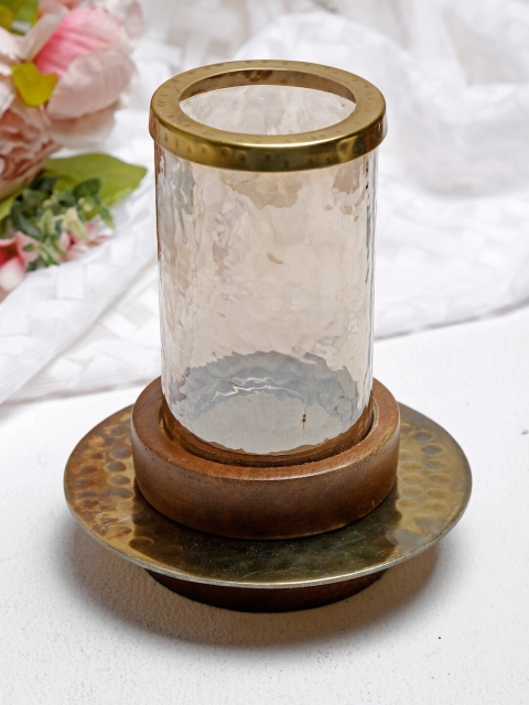 

Fabindia Gold-Toned Wood & Glass Rajasee Hurricane Small Candle Holder