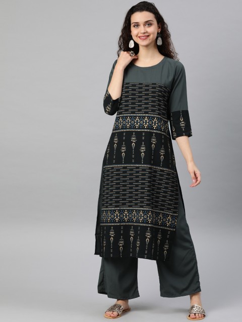 

ZIYAA Women Grey Ethnic Motifs Colourblocked Kurta with Sharara