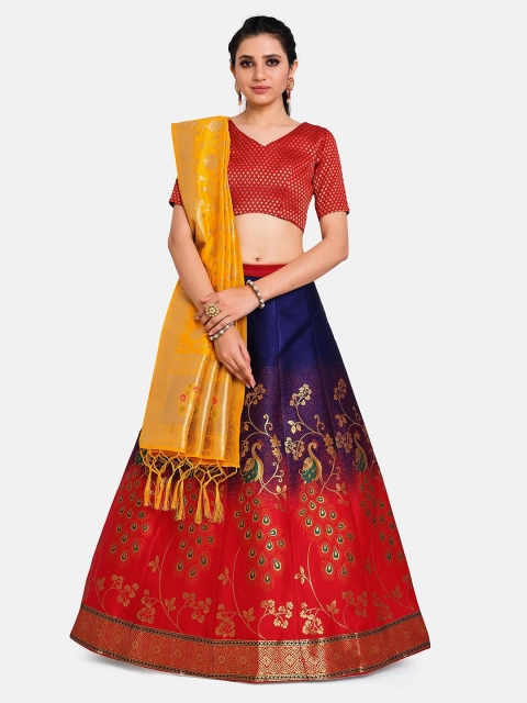 

MIMOSA Women Red & Navy Blue Semi-Stitched Lehenga & Unstitched Blouse With Dupatta