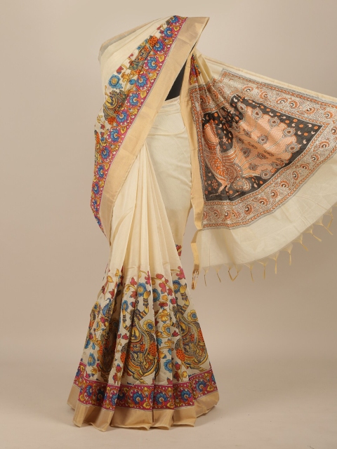 

Pothys Cream & Blue Ethnic Motifs Pure Cotton Kasavu Saree