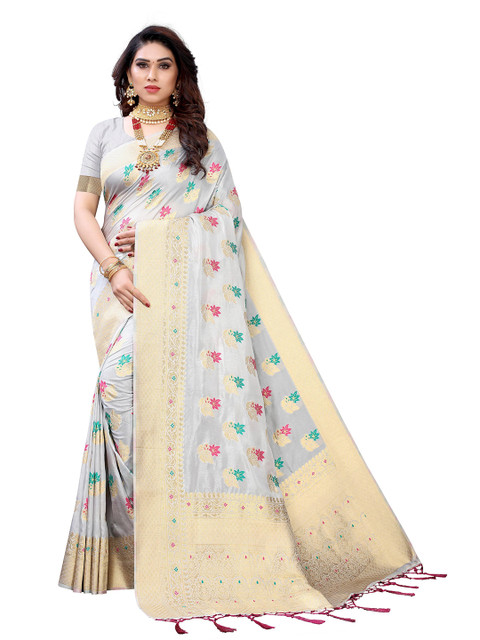 

KALINI Grey & Pink Floral Pure Silk Saree