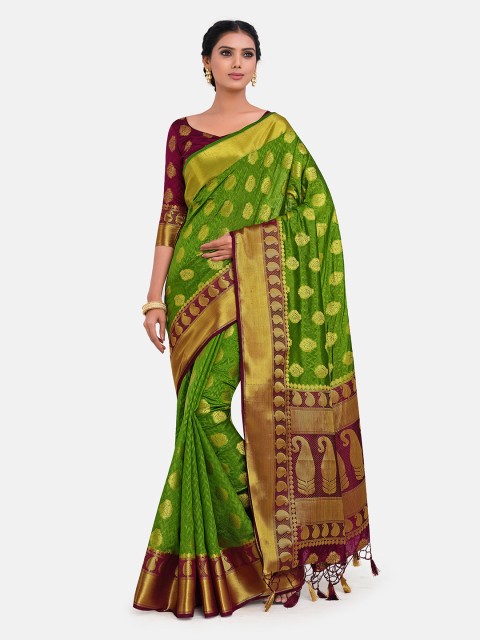 

MIMOSA Green & Maroon Woven Design Zari Art Silk Kanjeevaram Saree
