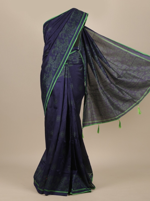 

Pothys Navy Blue & Green Floral Beads and Stones Cotton Blend Saree