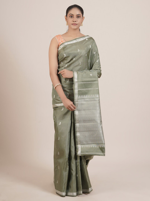 

Pothys Olive & Silver-Toned Woven Design Zari Pure Silk Kanjeevaram Saree