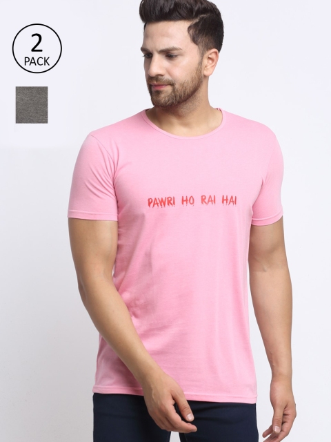 

VIMAL JONNEY Men Pack of 2 Pink & Grey Typography Printed T-shirt