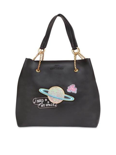

Pink Potato Black Leather Structured Shoulder Bag With Applique Design