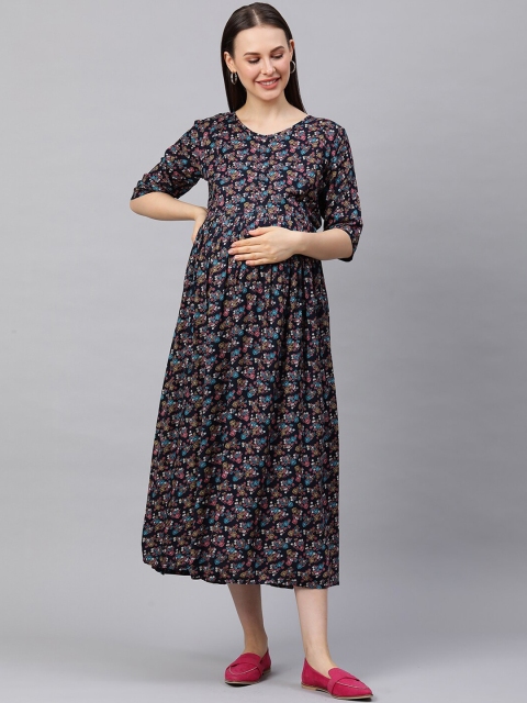 

MomToBe Navy Blue A-Line Midi Maternity Dress