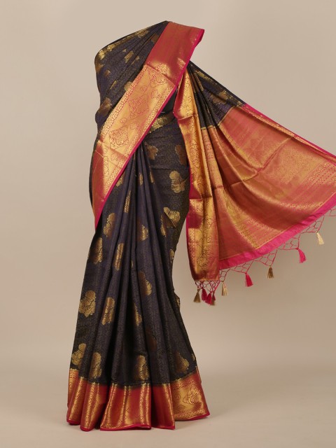 

Pothys Navy Blue & Gold-Toned Woven Design Zari Jute Silk Saree