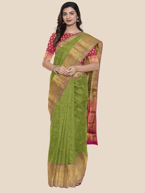 

Kalamandir Green & Pink Checked Zari Silk Blend Banarasi Saree