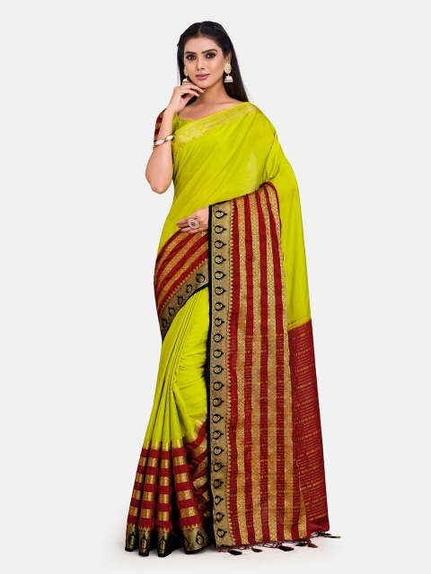 

MIMOSA Women Lime Green & Maroon Striped Mysore Silk Saree