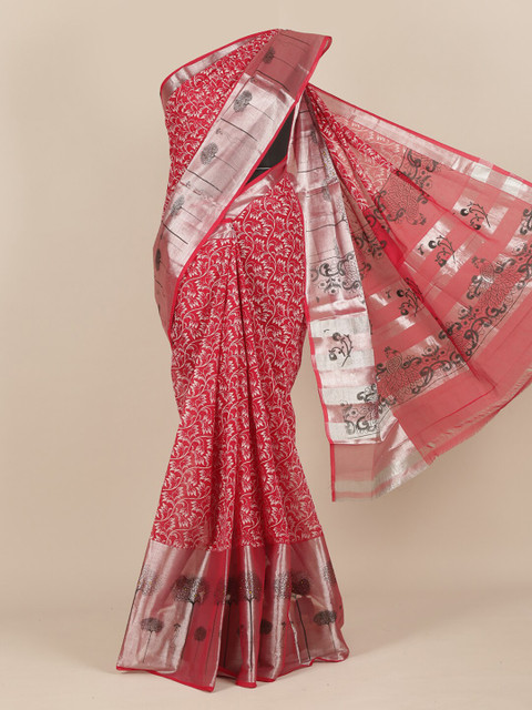 

Pothys Red & Silver-Toned Ethnic Motifs Zari Pure Cotton Saree