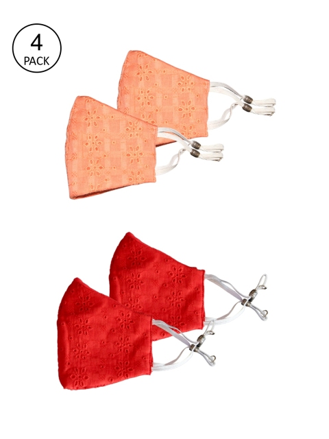 

Bellofox Women Pack of 4 Peach & Red 3-ply Chikankari Embroidered Reusable Outdoor Masks