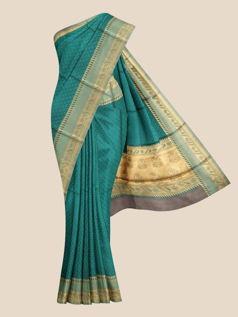 

KLM Fashion Mall Teal & Gold-Toned Woven Design Zari Pure Cotton Saree