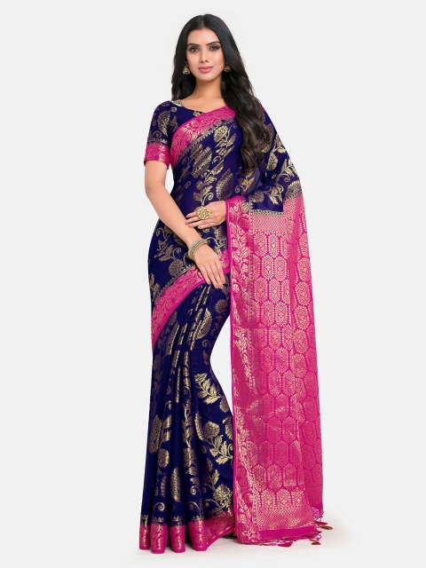

MIMOSA Navy Blue & Pink Floral Zari Banarasi Saree