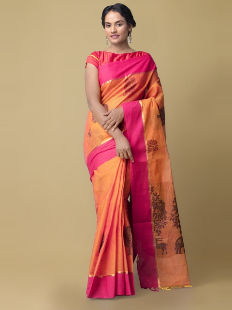 Unnati Silks Orange & Pink Ethnic Motifs Pure Cotton Uppada Saree