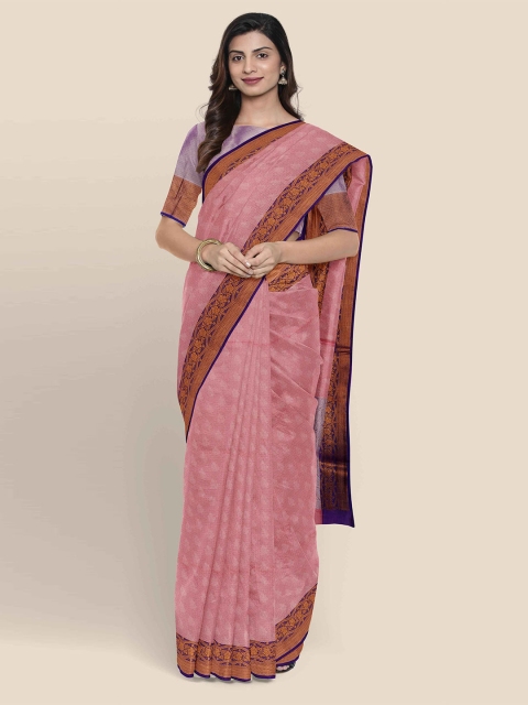 

Kalamandir Pink & Blue Woven Design Zari Silk Blend Banarasi Saree