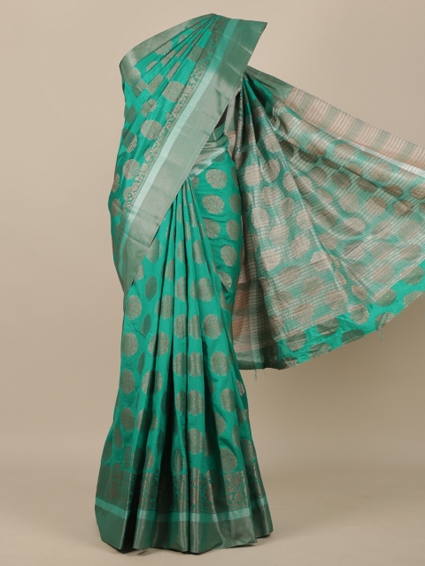 

Pothys Green & Silver-Toned Woven Design Jute Silk Saree