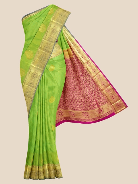 

Kalamandir Green & Pink Ethnic Motifs Zari Silk Blend Kanjeevaram Saree
