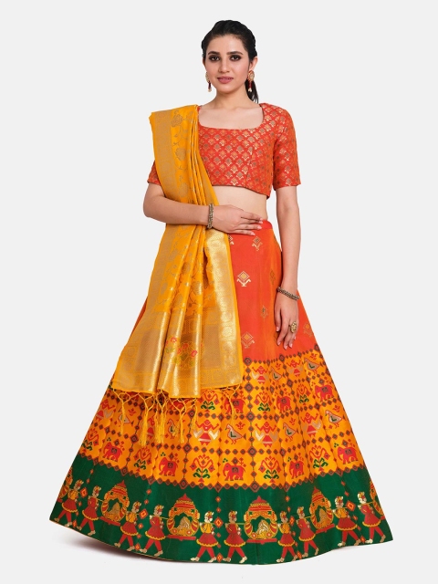 

MIMOSA Women Orange & Yellow Semi-Stitched Lehenga & Unstitched Blouse With Dupatta