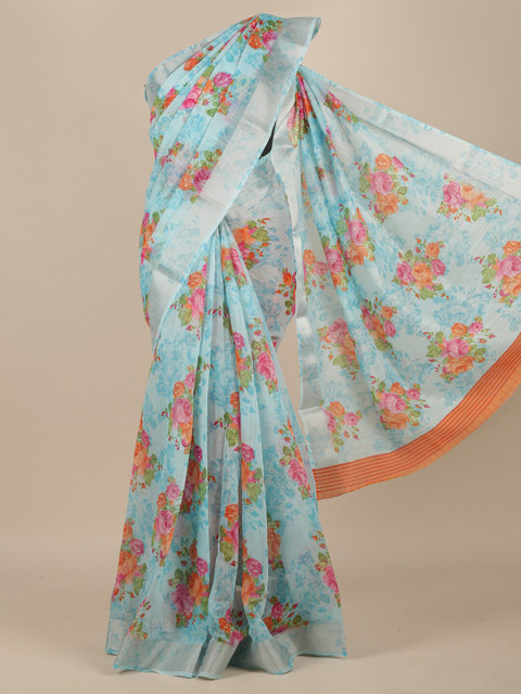 

Pothys Blue & Pink Floral Cotton Blend Saree, Turquoise blue